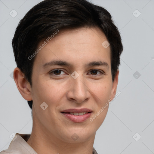 Joyful white young-adult female with short  brown hair and brown eyes