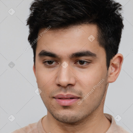 Neutral latino young-adult male with short  black hair and brown eyes