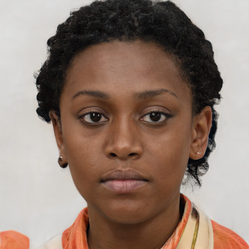 Neutral black young-adult female with short  brown hair and brown eyes