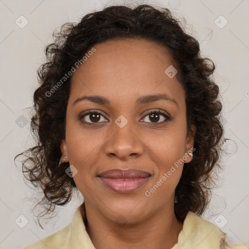 Joyful black young-adult female with medium  brown hair and brown eyes