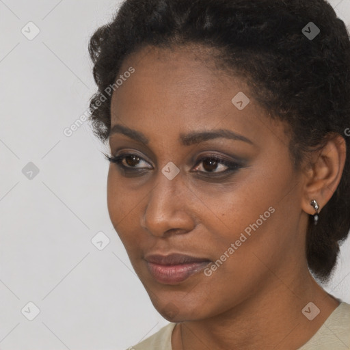 Neutral black young-adult female with short  brown hair and brown eyes