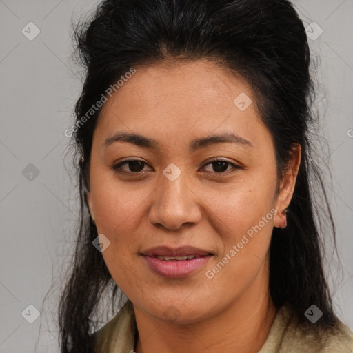 Joyful latino young-adult female with medium  brown hair and brown eyes