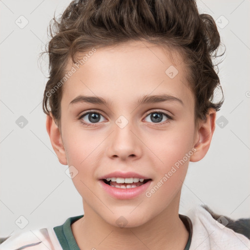 Joyful white child female with short  brown hair and brown eyes