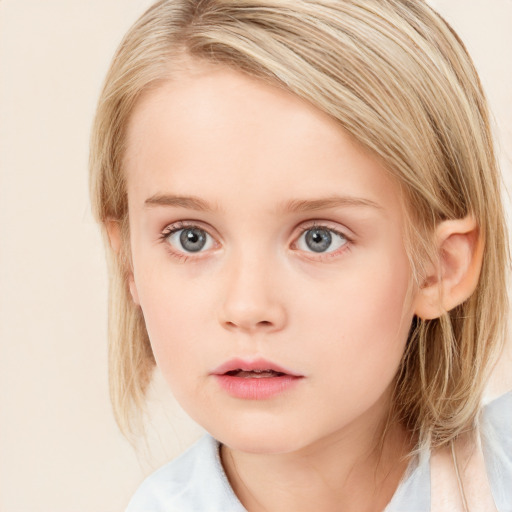 Neutral white child female with medium  brown hair and blue eyes