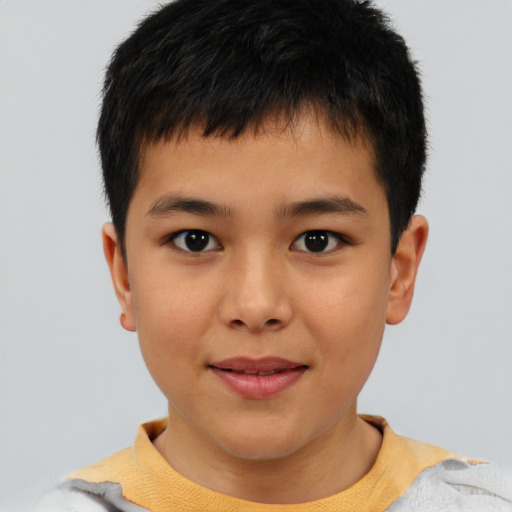 Joyful asian child male with short  brown hair and brown eyes
