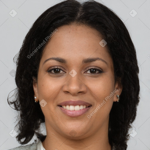 Joyful latino young-adult female with long  brown hair and brown eyes