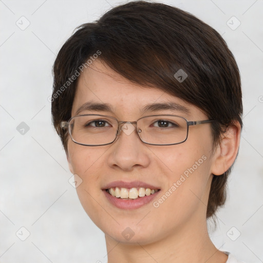 Joyful white young-adult female with medium  brown hair and brown eyes