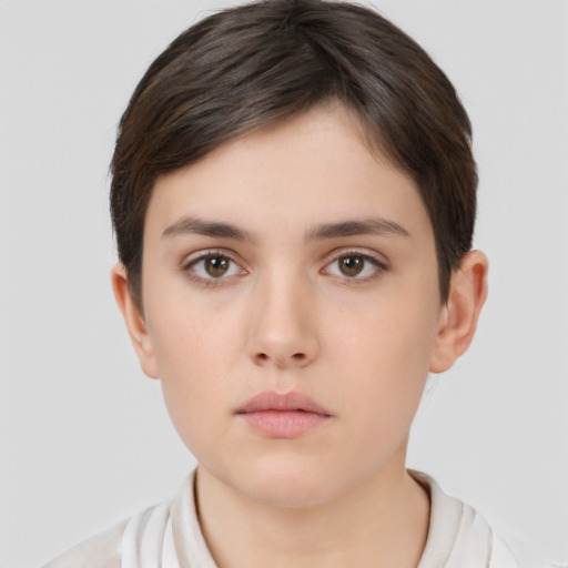 Neutral white young-adult female with short  brown hair and brown eyes