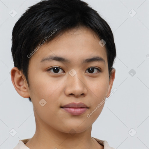 Neutral latino young-adult female with short  brown hair and brown eyes