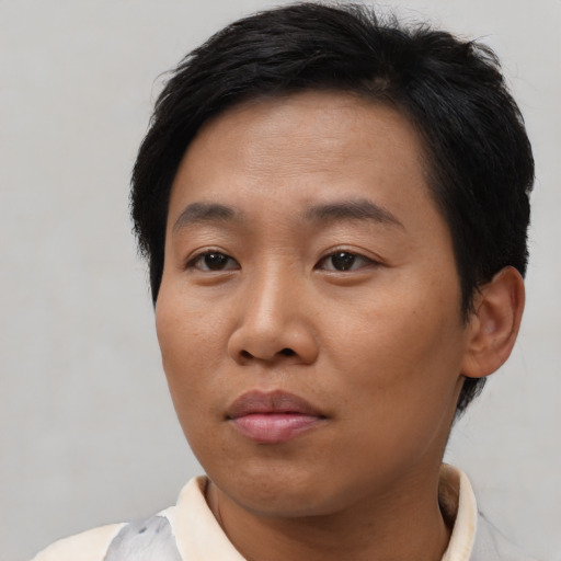 Neutral asian young-adult female with short  brown hair and brown eyes