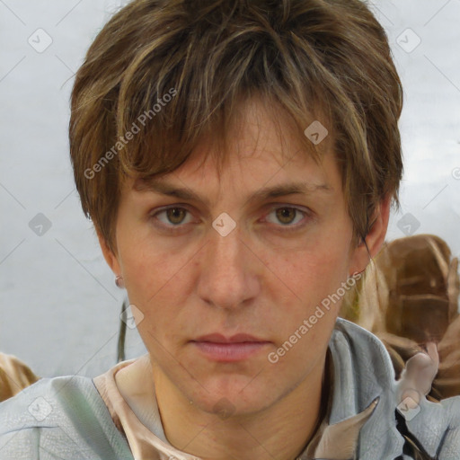 Neutral white adult female with medium  brown hair and brown eyes