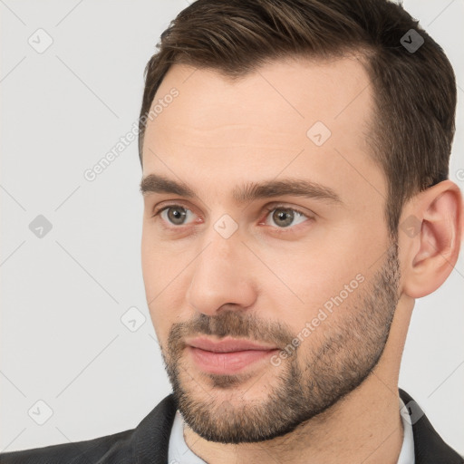 Neutral white young-adult male with short  brown hair and brown eyes