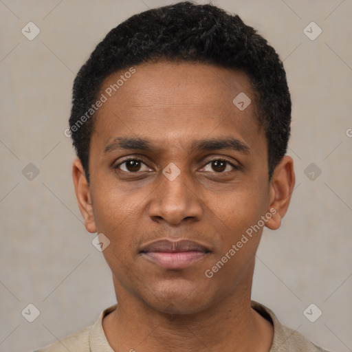 Neutral black young-adult male with short  black hair and brown eyes