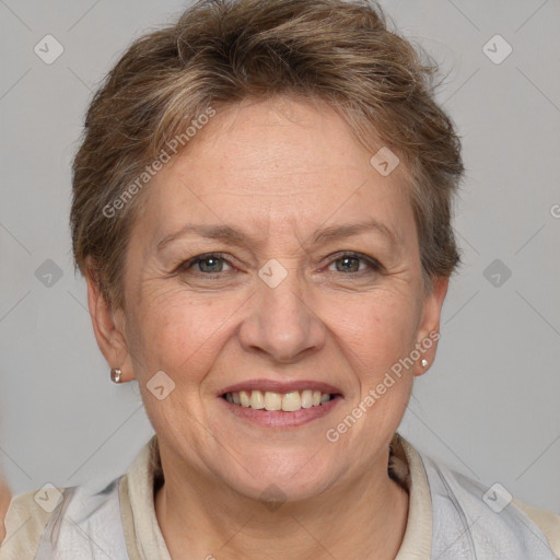 Joyful white adult female with short  brown hair and brown eyes