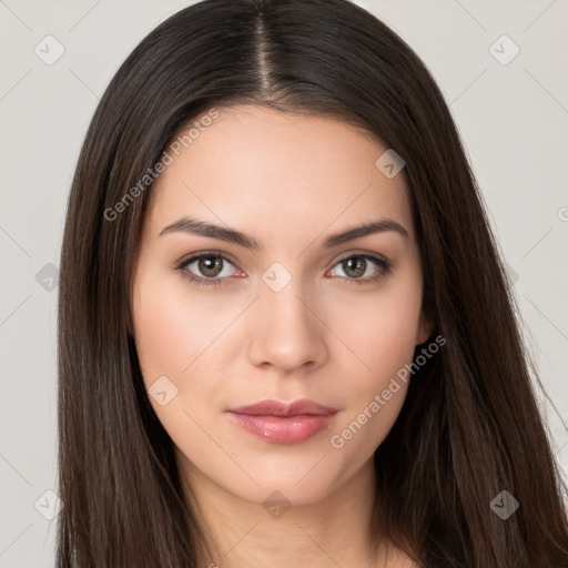 Neutral white young-adult female with long  brown hair and brown eyes