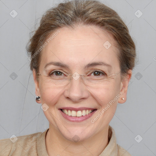 Joyful white adult female with short  brown hair and brown eyes