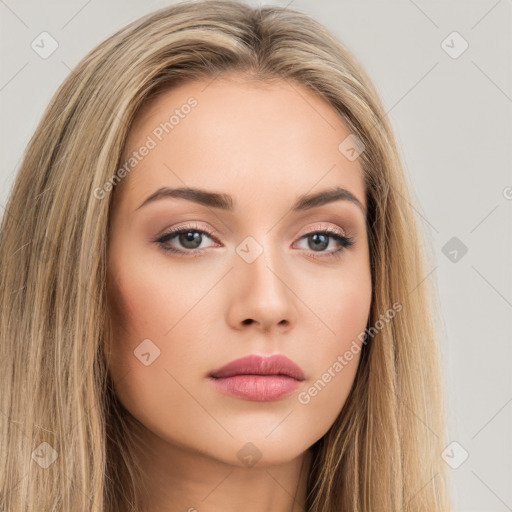 Neutral white young-adult female with long  brown hair and brown eyes