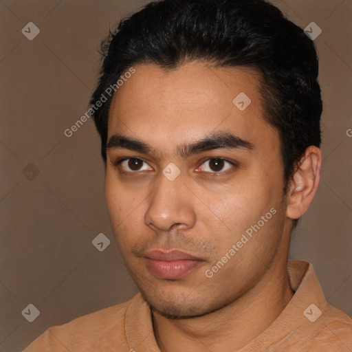 Neutral latino young-adult male with short  black hair and brown eyes