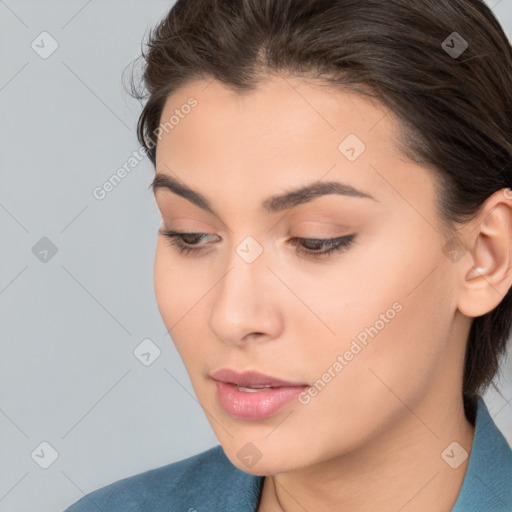 Neutral white young-adult female with medium  brown hair and brown eyes