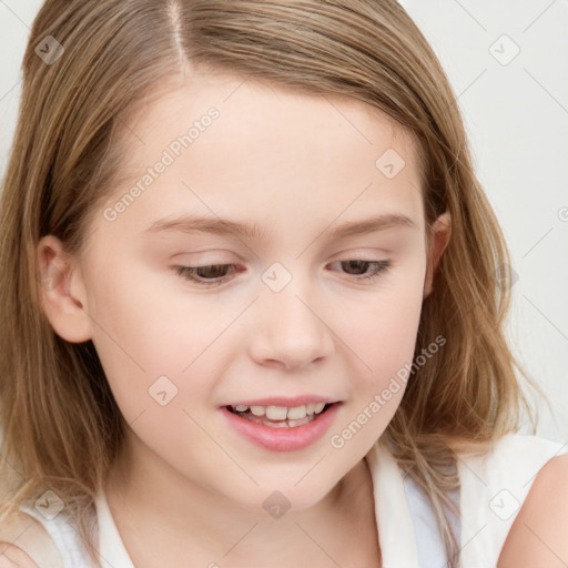 Joyful white child female with medium  brown hair and brown eyes