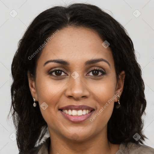 Joyful latino young-adult female with long  brown hair and brown eyes