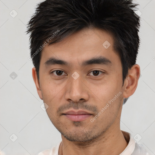 Neutral asian young-adult male with short  black hair and brown eyes