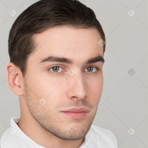 Neutral white young-adult male with short  brown hair and brown eyes