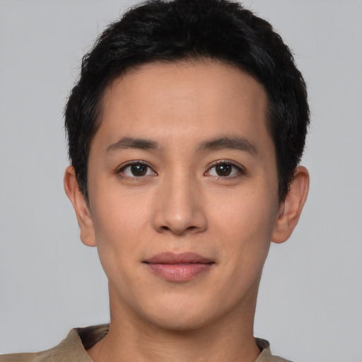 Neutral latino young-adult male with short  brown hair and brown eyes