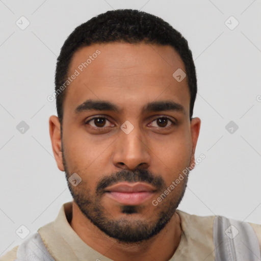 Neutral latino young-adult male with short  black hair and brown eyes
