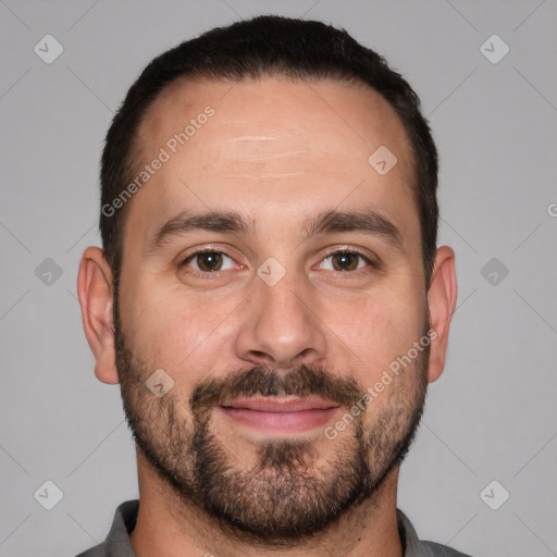 Joyful white young-adult male with short  brown hair and brown eyes