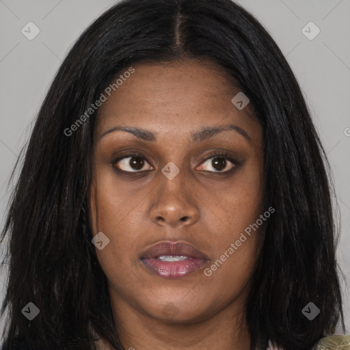 Joyful asian young-adult female with long  brown hair and brown eyes