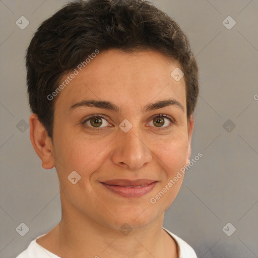 Joyful white young-adult female with short  brown hair and brown eyes