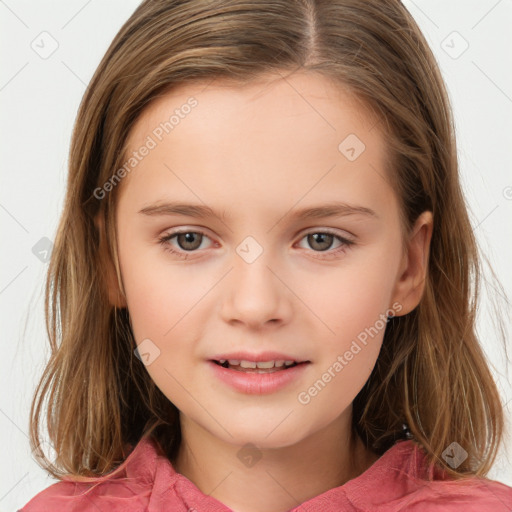 Joyful white child female with medium  brown hair and brown eyes