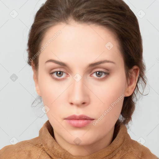 Neutral white young-adult female with short  brown hair and brown eyes