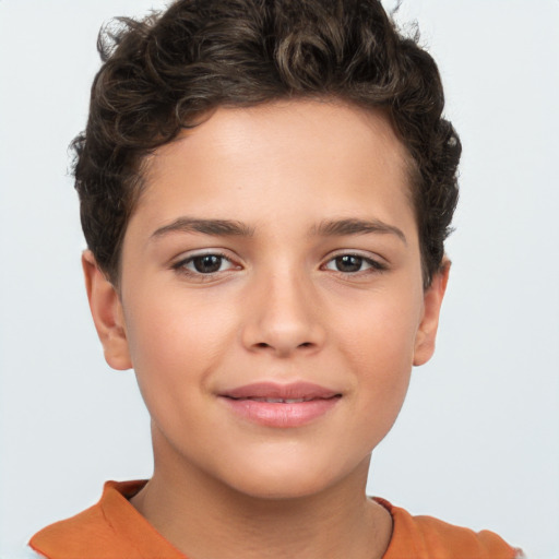 Joyful white child female with short  brown hair and brown eyes