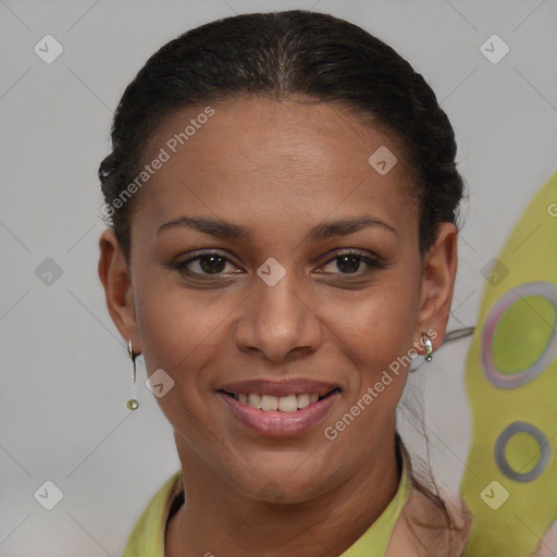 Joyful black young-adult female with short  brown hair and brown eyes