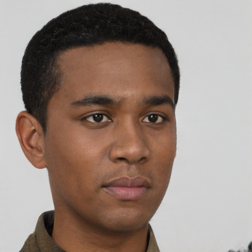 Neutral black young-adult male with short  black hair and brown eyes