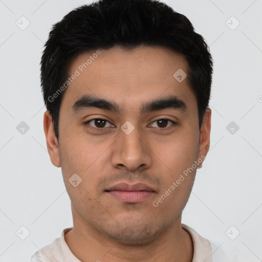 Neutral latino young-adult male with short  black hair and brown eyes