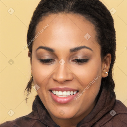 Joyful latino young-adult female with long  brown hair and brown eyes