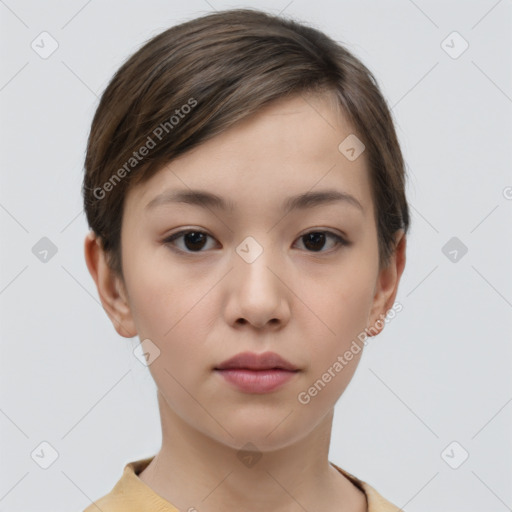 Neutral white young-adult female with short  brown hair and brown eyes