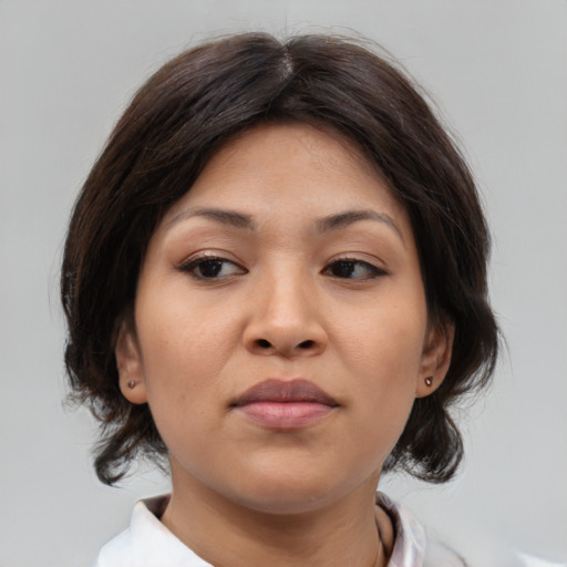 Neutral asian young-adult female with medium  brown hair and brown eyes