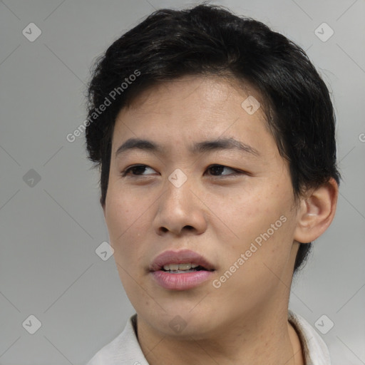 Neutral asian young-adult female with short  black hair and brown eyes