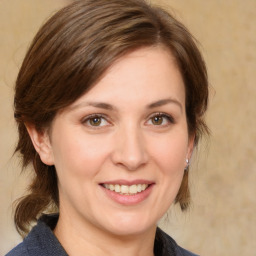 Joyful white adult female with medium  brown hair and grey eyes