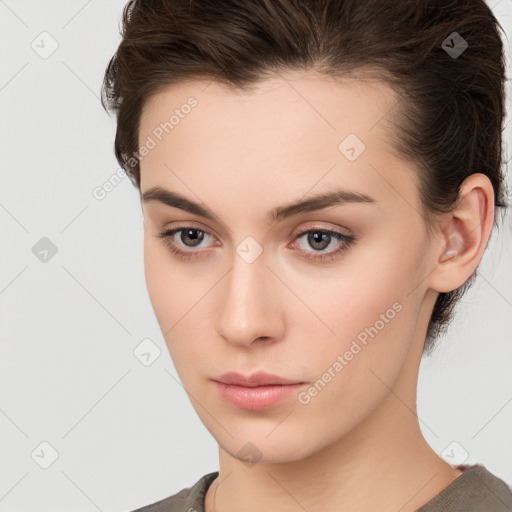 Neutral white young-adult female with medium  brown hair and brown eyes