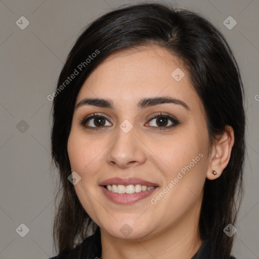 Joyful white young-adult female with medium  brown hair and brown eyes