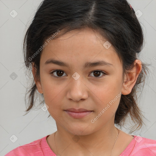 Joyful white child female with medium  brown hair and brown eyes