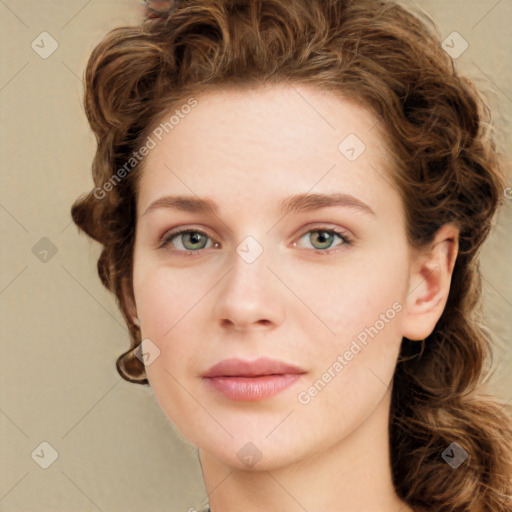 Joyful white young-adult female with long  brown hair and green eyes