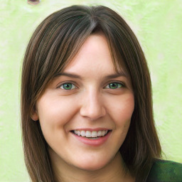 Joyful white young-adult female with medium  brown hair and green eyes