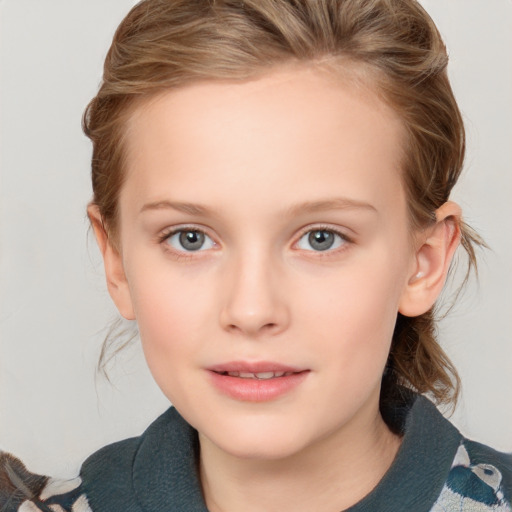 Joyful white child female with medium  brown hair and blue eyes