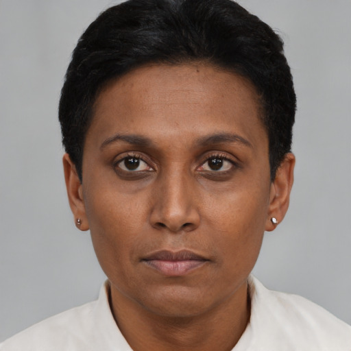 Neutral black young-adult female with short  black hair and brown eyes